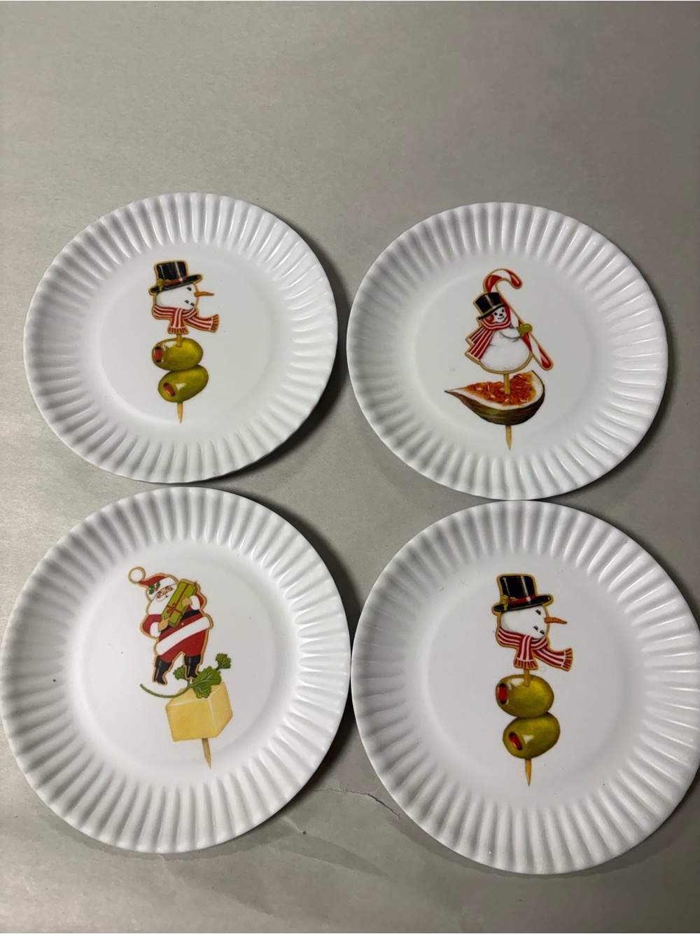 Vintage Holiday Appetizer Plates with Snowman & Santa Motifs  Set 4